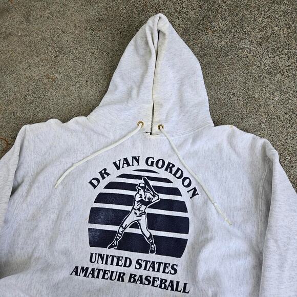 Vtg 90s VAN GORDON U.S. Amateur Baseball Reverse Weave Hooded Sweatshirt XXL Fit - Picture 3 of 8